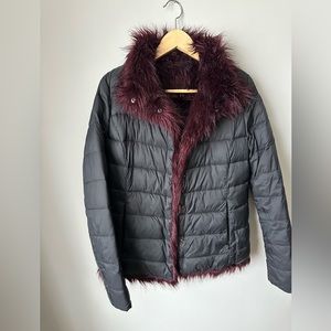 Betsey Johnson Black/Maroon Faux Fur  Reversible Jacket no visible signs of wear